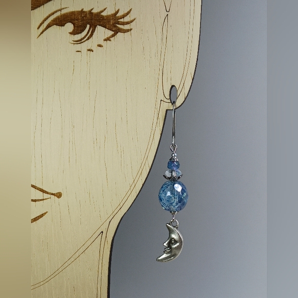 HAND CRAFTED Celestial Blue Czech Glass Silver Crescent Moon Dangle Earrings - Picture 6 of 7